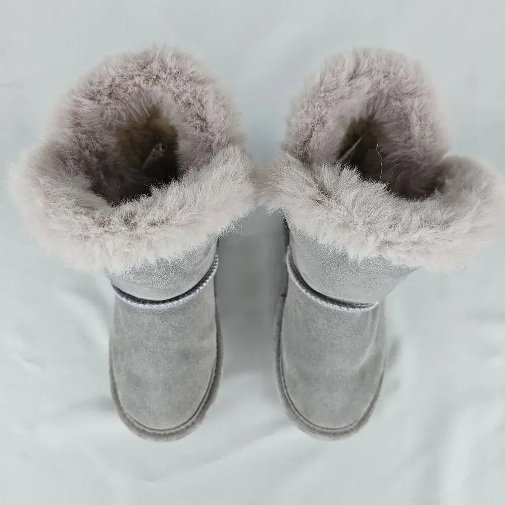 Bearpaw Betsey Girls Youth Size 11 Grey Suede Faux Fur Trim Winter Ankle Boots